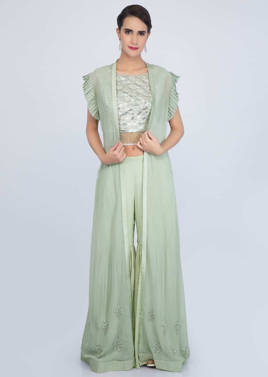 Tea Green Three-Piece Sharara Set With Cut Dana And Sequins Work Online - Kalki Fashion