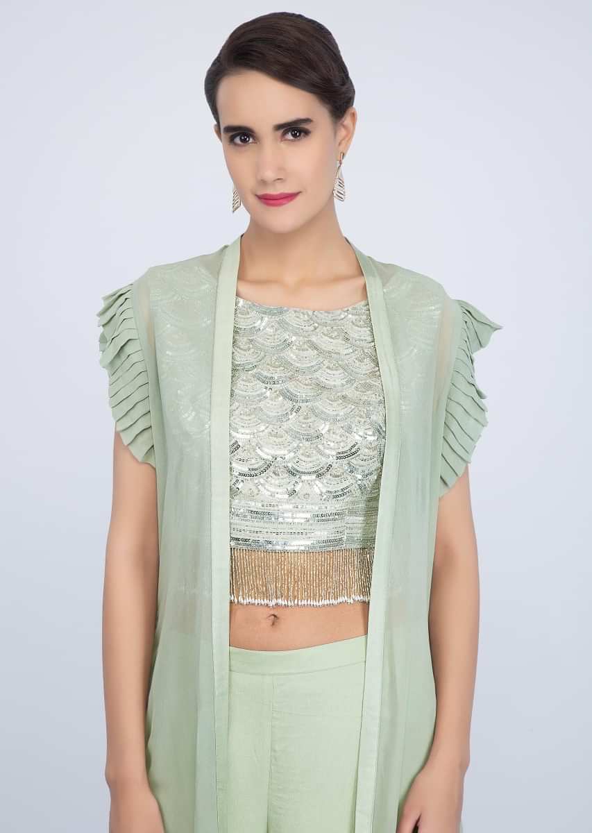 Tea Green Three-Piece Sharara Set With Cut Dana And Sequins Work Online - Kalki Fashion