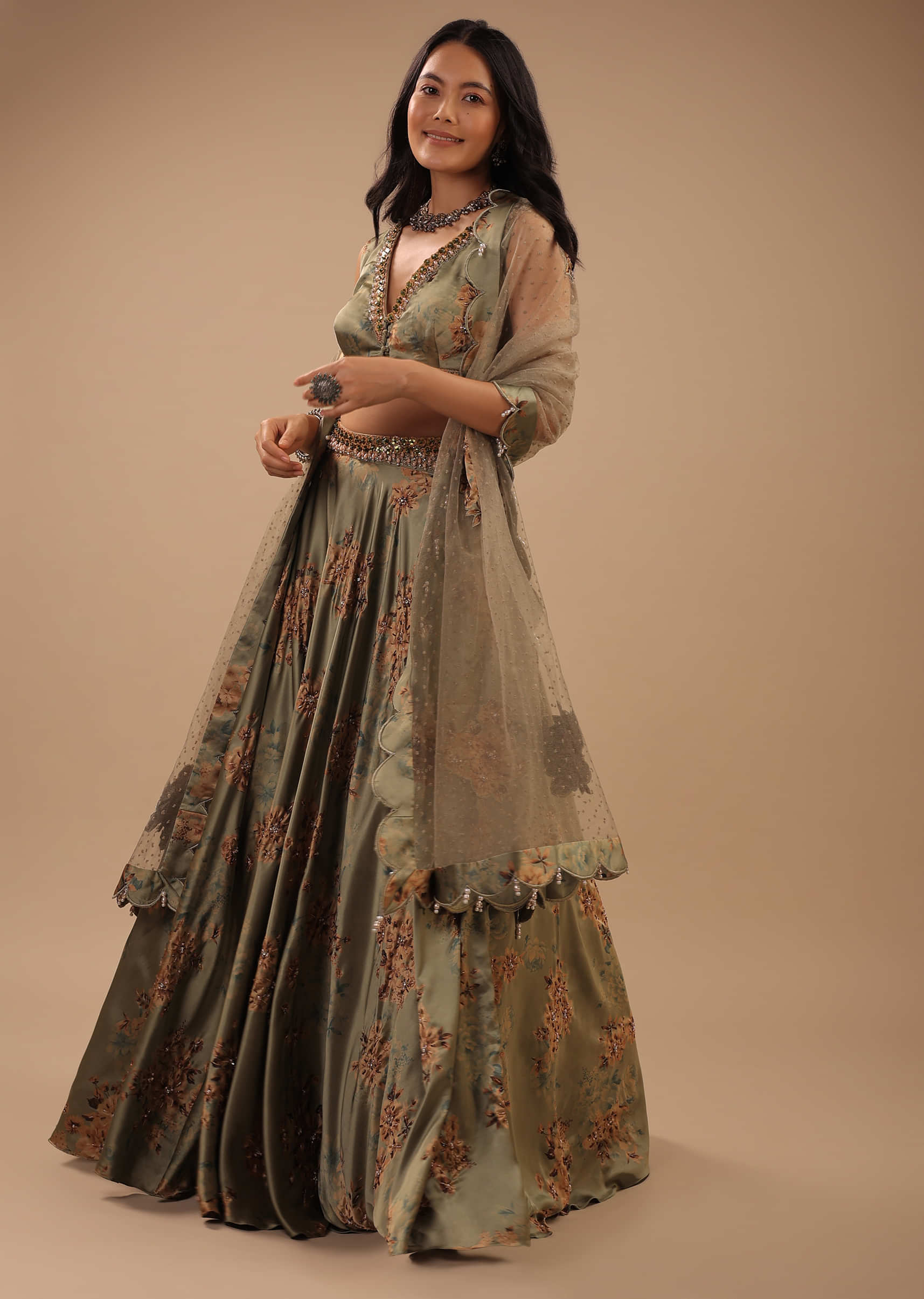 Tea Green Crop Top And Lehenga With Floral Print and Moti Tassels