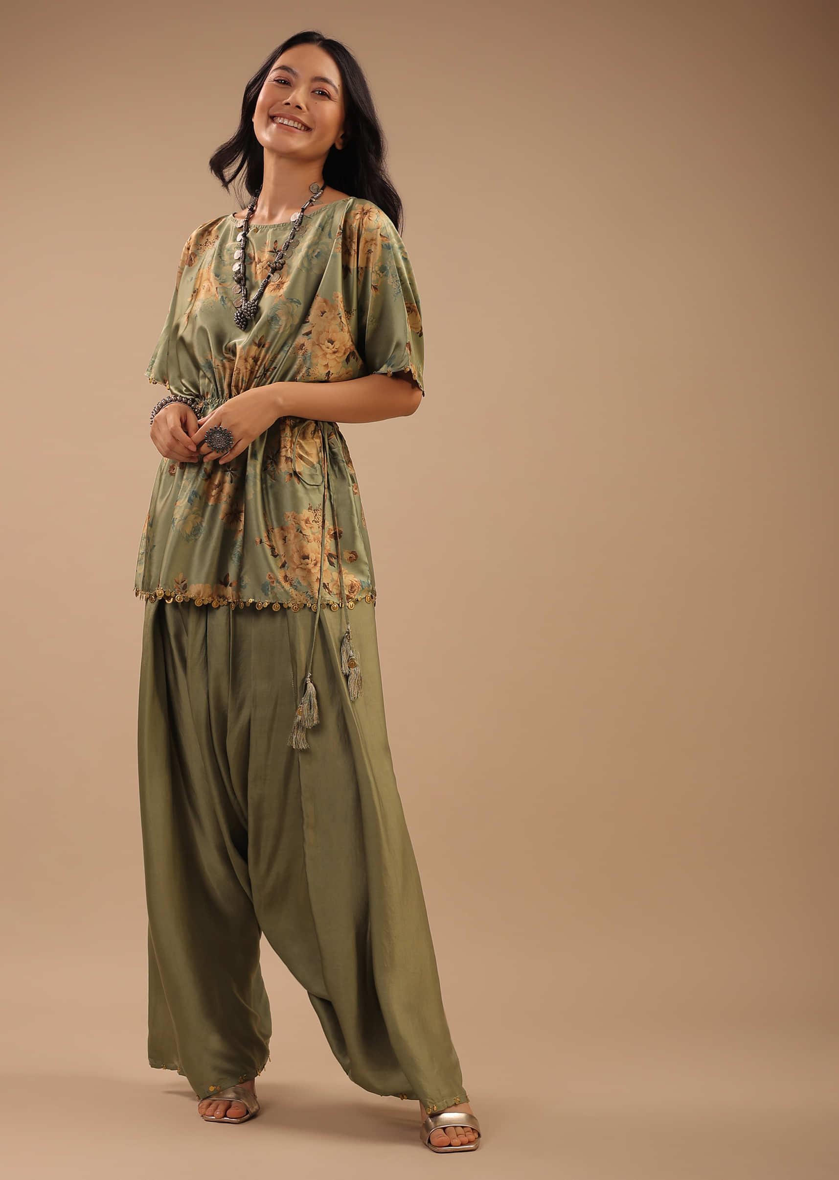 Tea Green Satin Peplum Top And Dhoti Pants With A Floral Print
