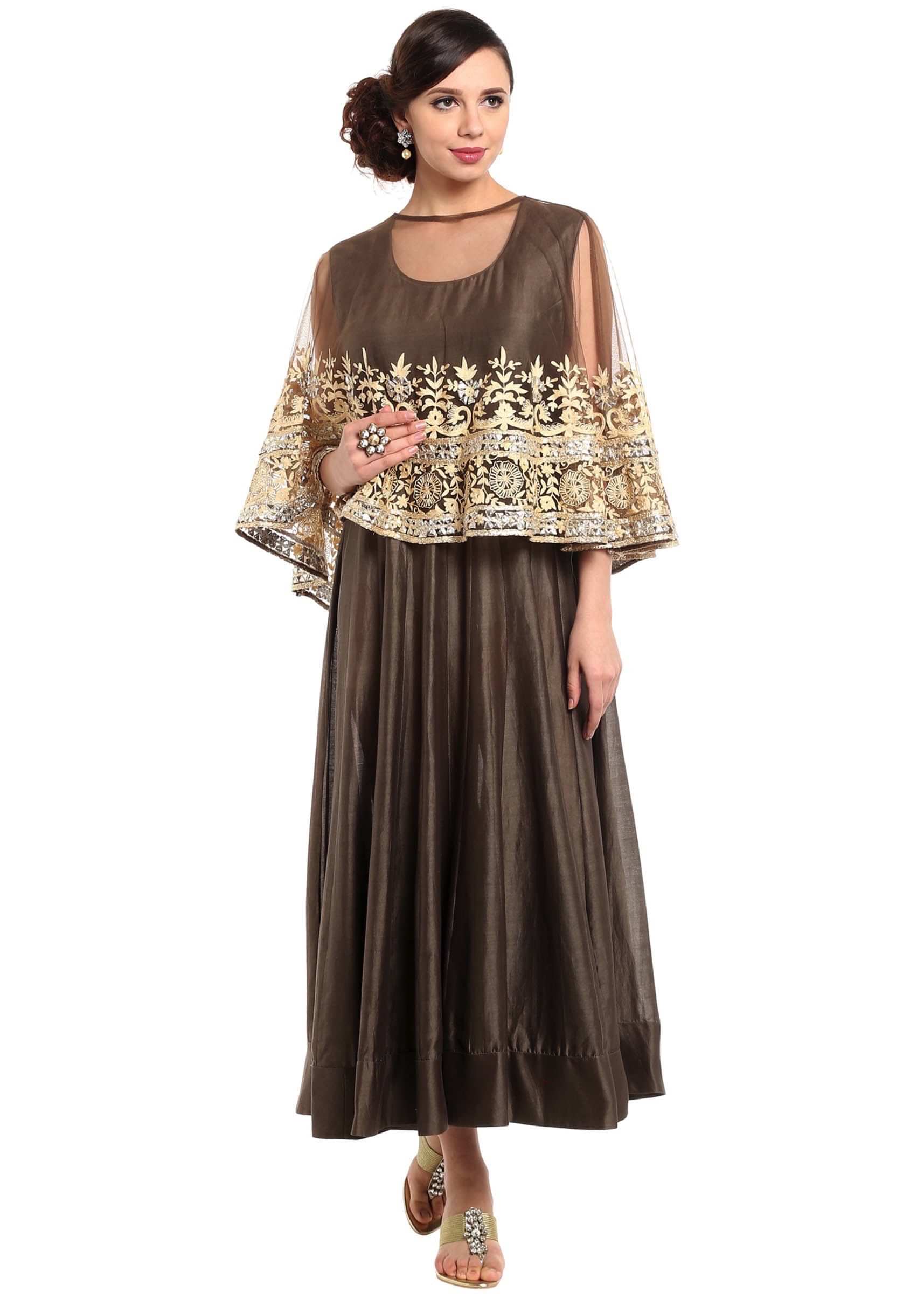 Teak Brown Suit With Thread Embroidered Cape Online - Kalki Fashion
