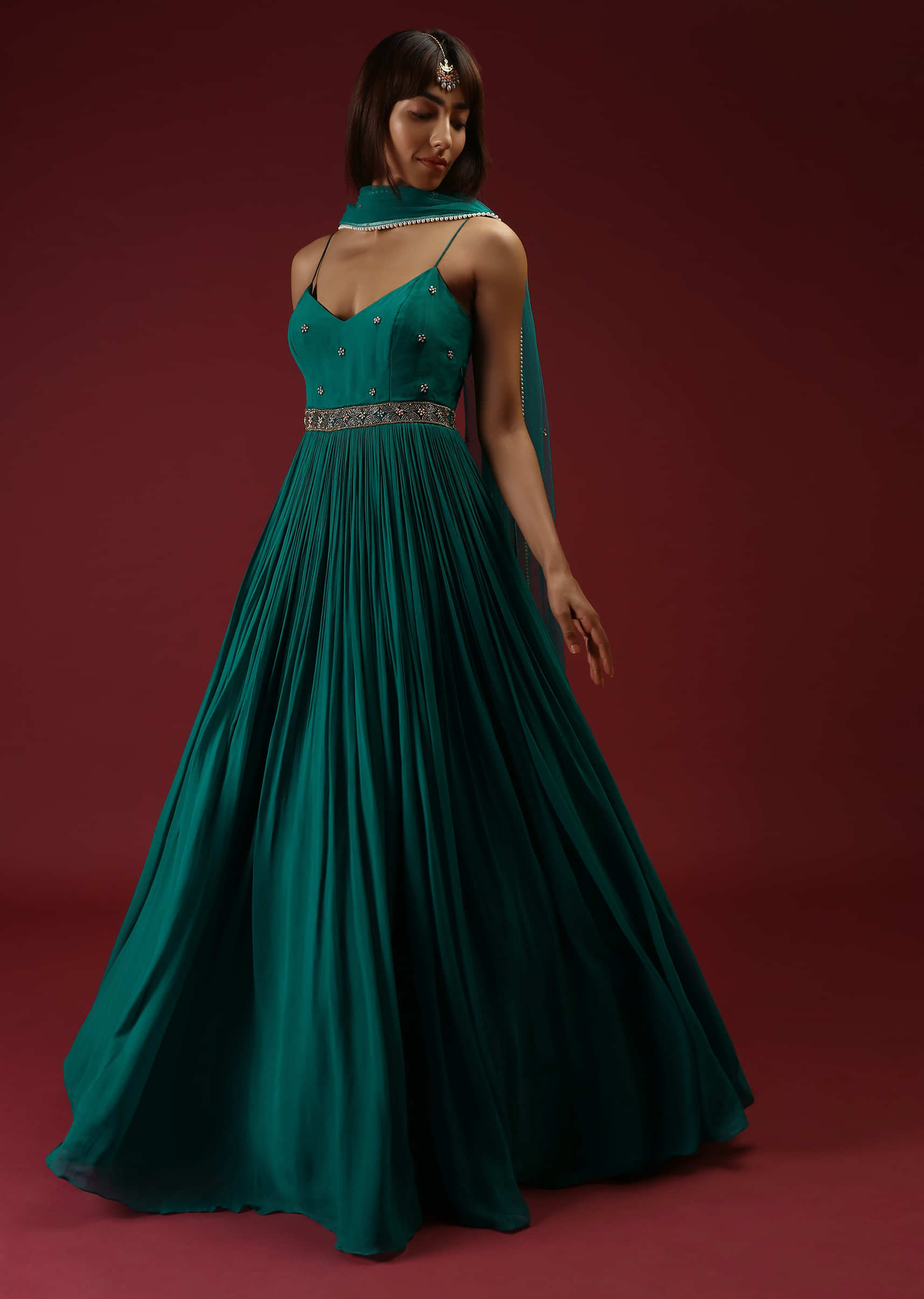 Fancy Party Wear Teal Color Georgette Fabric Sequins Work Gown
