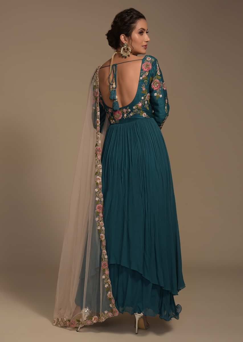 Teal Blue Anarkali Suit With Colorful Resham And Cut Dana Embroidered Floral Blossoms  