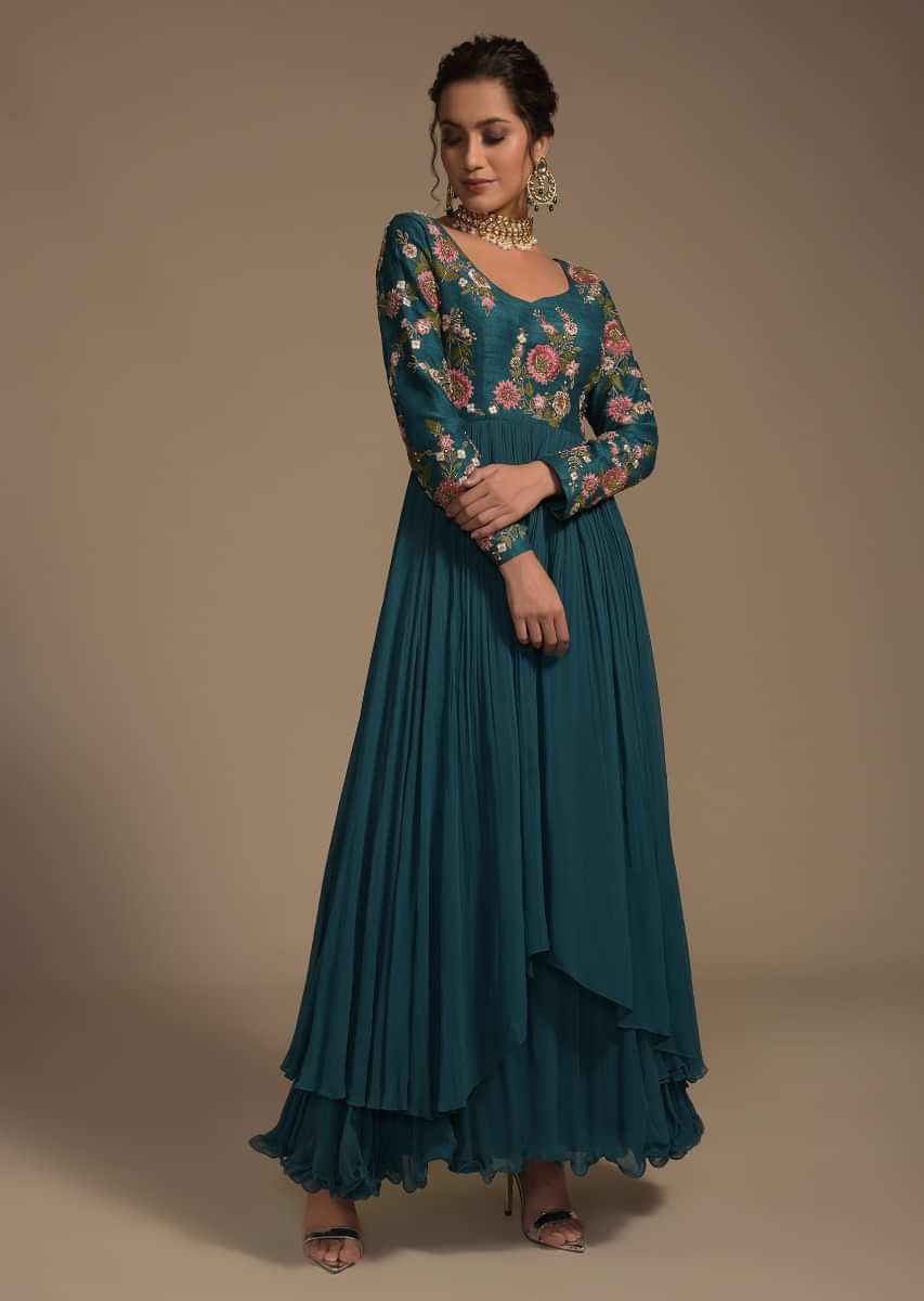 Teal Blue Anarkali Suit With Colorful Resham And Cut Dana Embroidered Floral Blossoms  