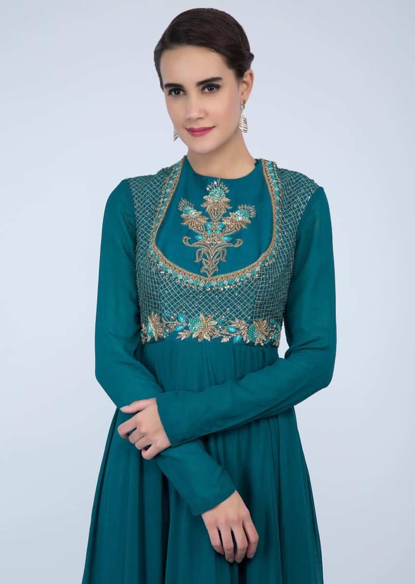 Teal Blue A Line Anarkali In Georgette With Embroidered Bodice Online - Kalki Fashion
