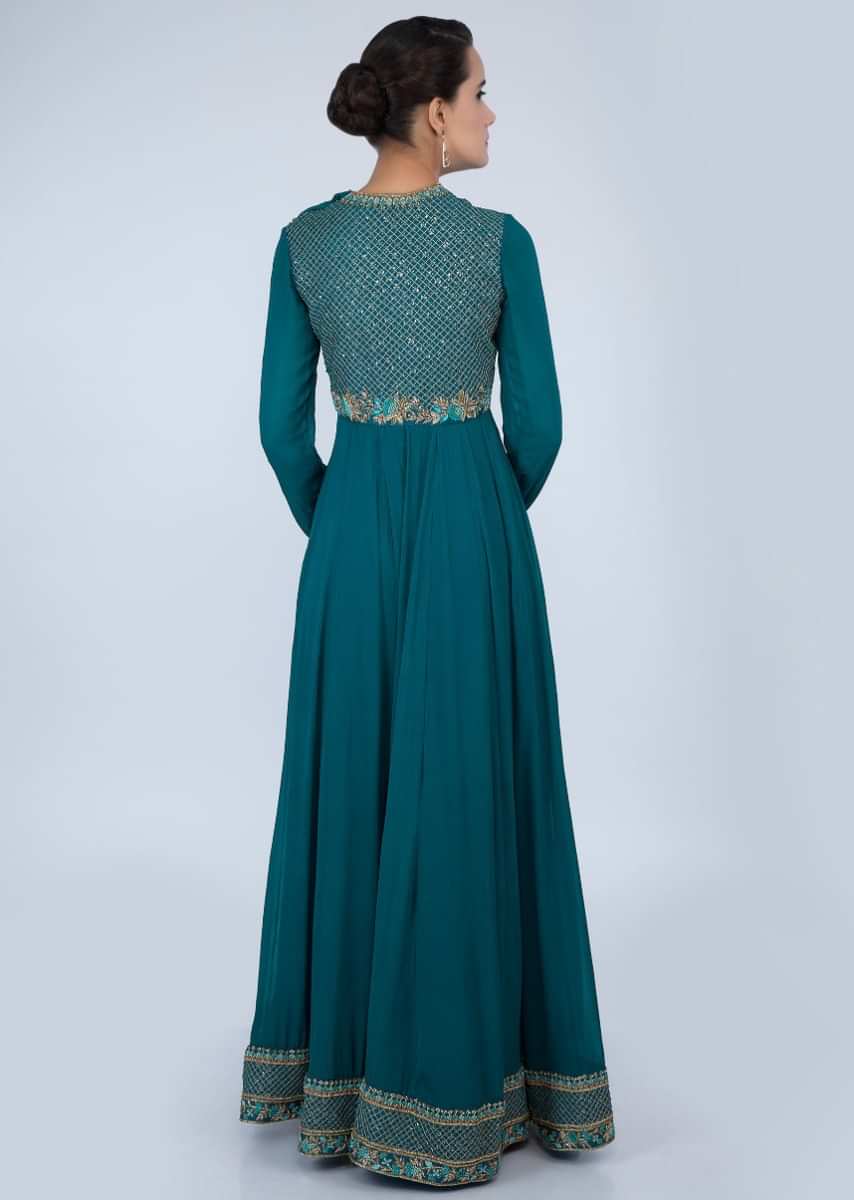 Teal Blue A Line Anarkali In Georgette With Embroidered Bodice Online - Kalki Fashion
