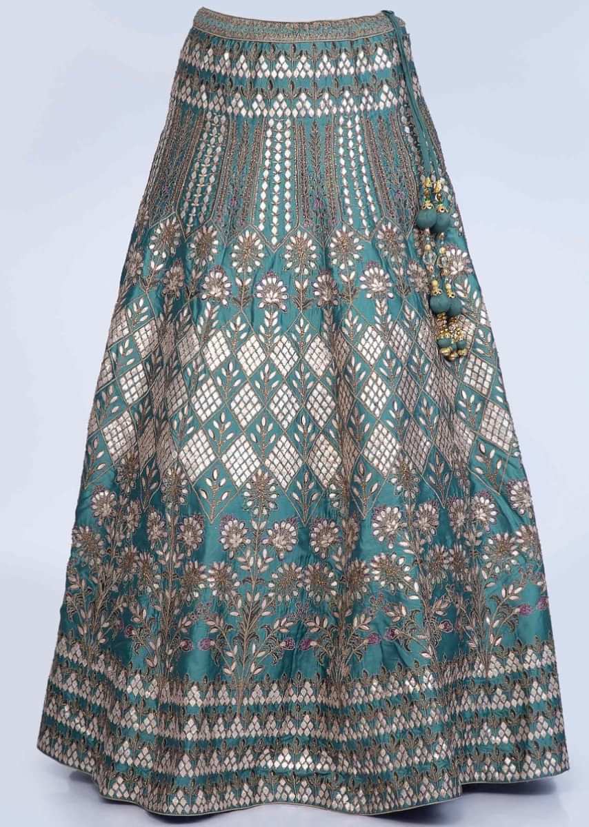 Teal Blue Lehenga Set Embroidered In Gotta Patch And Zari Jaal With Net Dupatta Online - Kalki Fashion