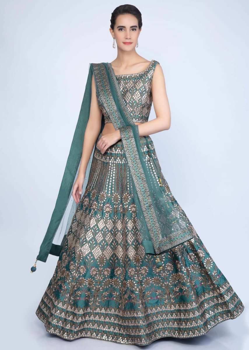 Teal Blue Lehenga Set Embroidered In Gotta Patch And Zari Jaal With Net Dupatta Online - Kalki Fashion