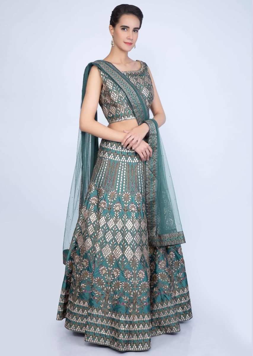 Buy Teal Blue Lehenga Set Embroidered In Gotta Patch And Zari Jaal With ...