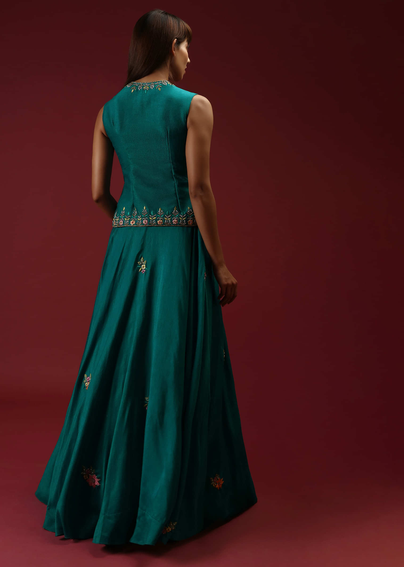 Teal Blue Lehenga And Long Top In Raw Silk With Multi Colored Resham And Moti Embroidered Floral Design 