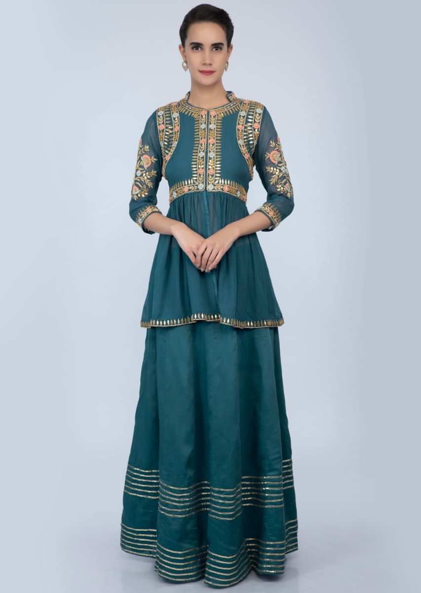 Teal Blue Peplum Style Long Top Matching Skirt Online - Kalki Fashion