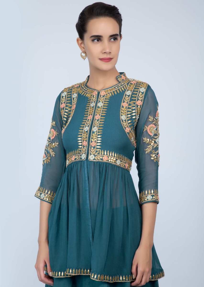 Teal Blue Peplum Style Long Top Matching Skirt Online - Kalki Fashion