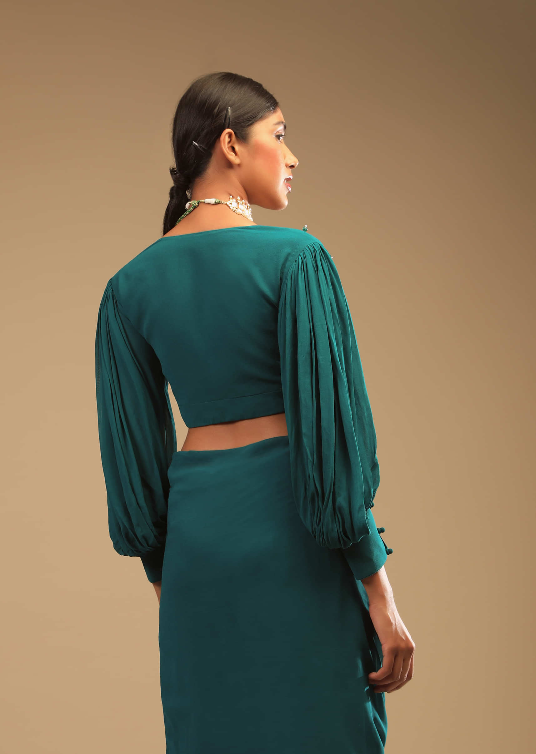 Teal Blue Ready-To-Wear Saree In Georgette With Ruffle Frill And A Chunky Embroidered Belt