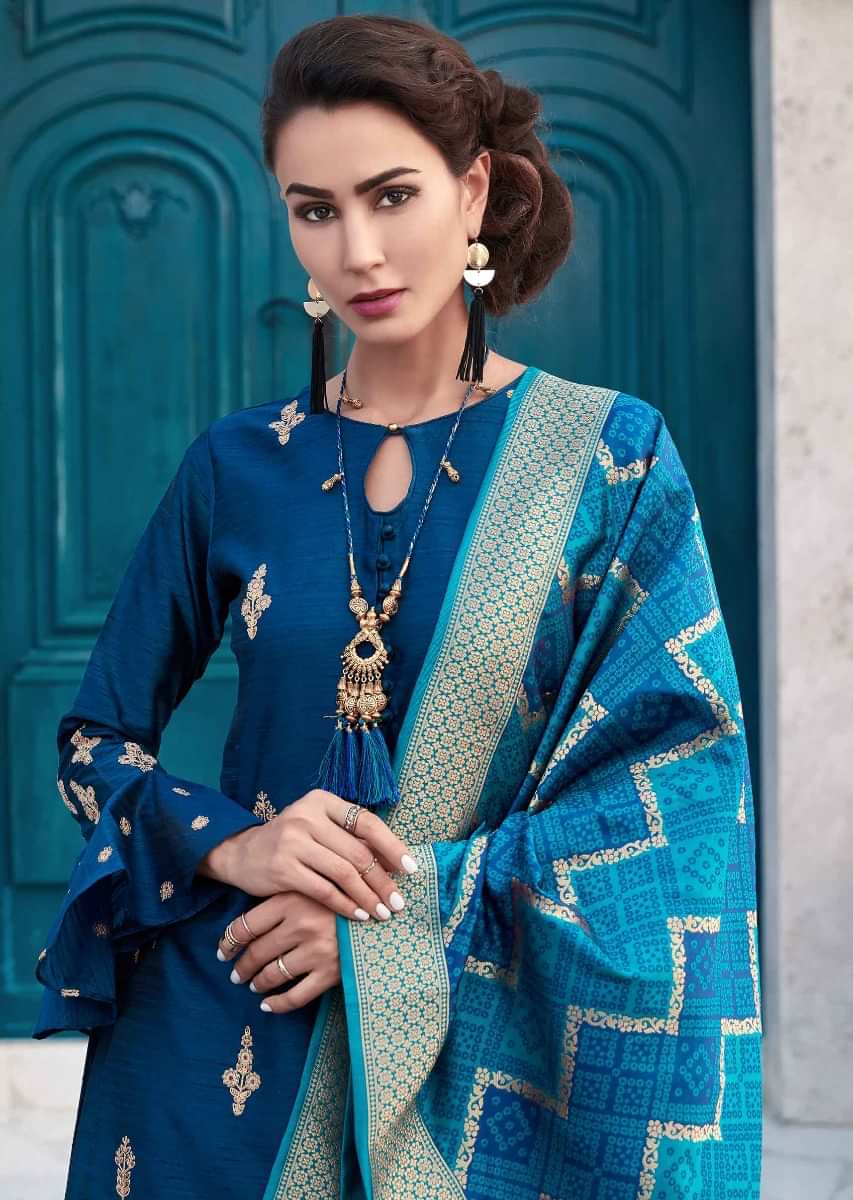 Teal blue straight palazzo suit with embroidered butti and brocade dupatta