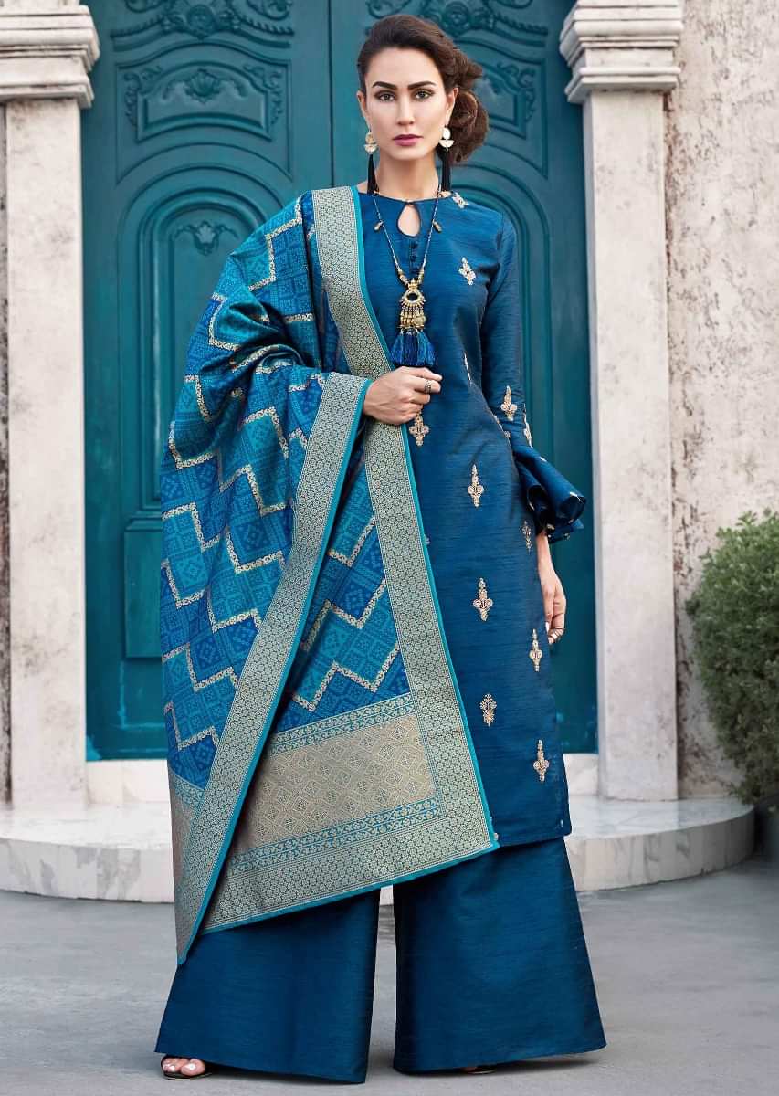 Teal blue straight palazzo suit with embroidered butti and brocade dupatta