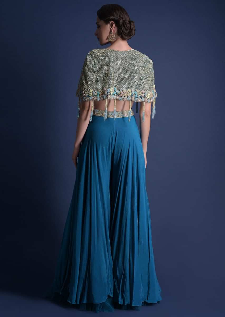 Seaside Blue Crop Top And Palazzo With Embossed Embroidery And Hand Crafted  Cape