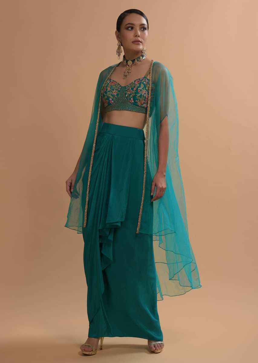 Teal Drape Skirt And Crop Top With Matching Cape And Colorful Resham Embroidered Spring Blooms  