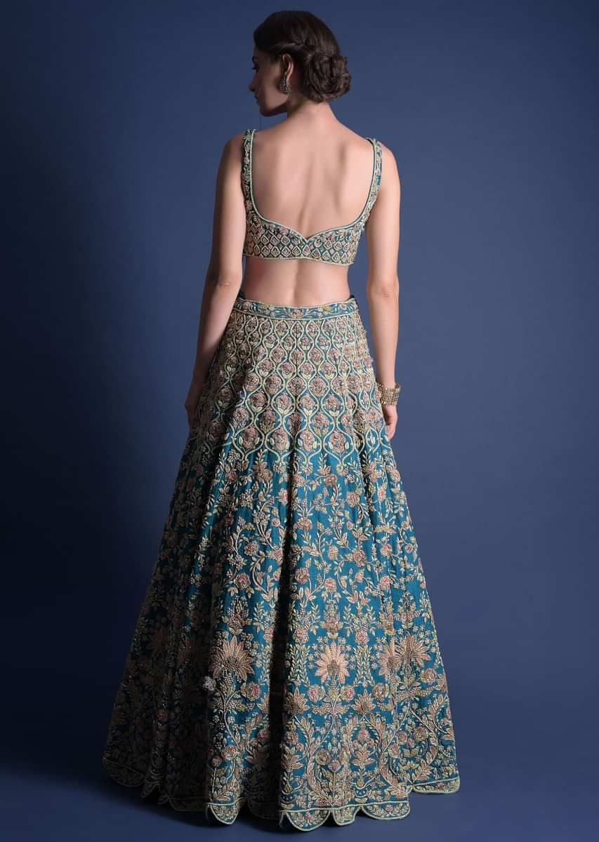 Teal Blue Choli With Heavy Hand Embroidered Floral And Moroccan Motifs 