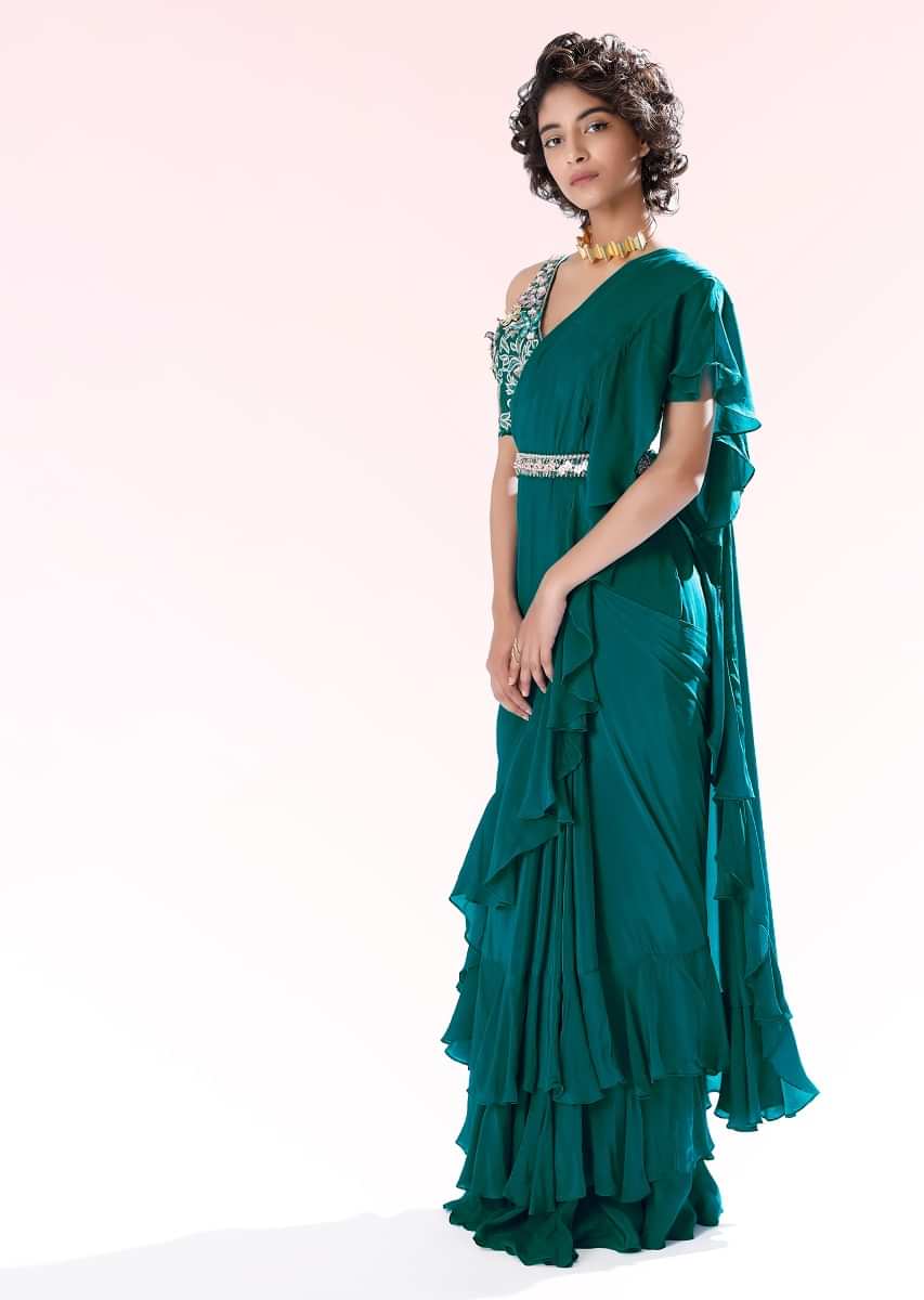 Teal Ready Pleated Ruffle Saree In Crepe With 3D Flower Embroidered Blouse And Cinched At The Waist With A Belt  