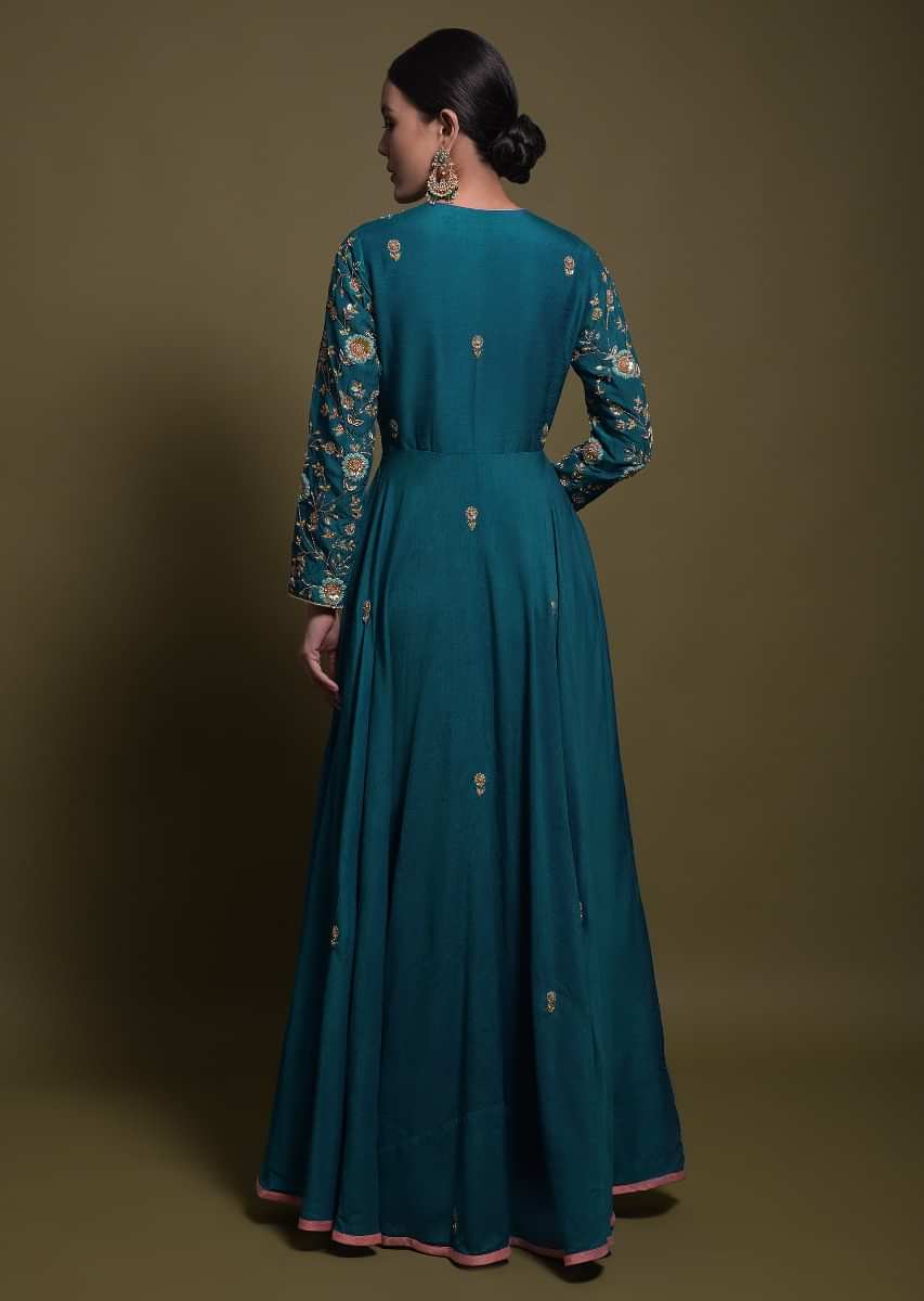 Teal Silk Angrakha Style Suit In Silk With Blush Pink Net Dupatta And Floral Embroidery  