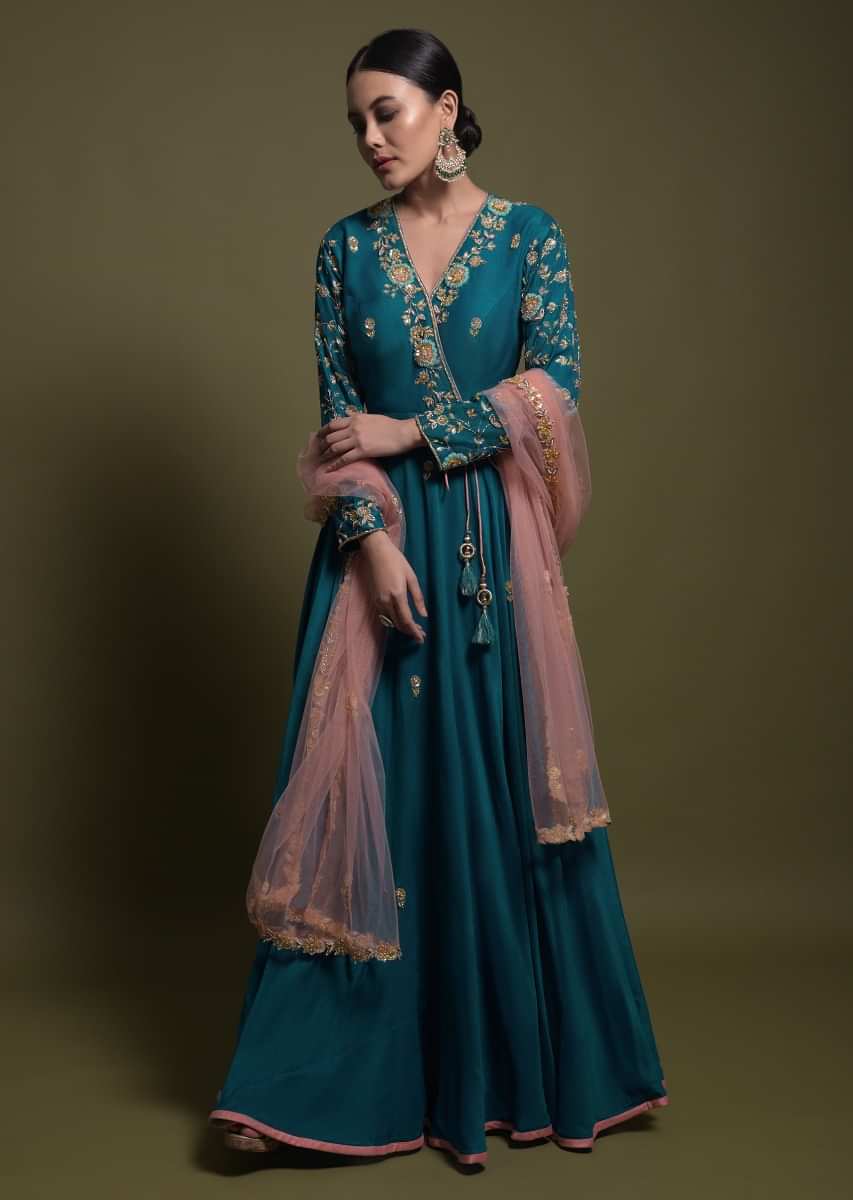 Teal Silk Angrakha Style Suit In Silk With Blush Pink Net Dupatta And Floral Embroidery  