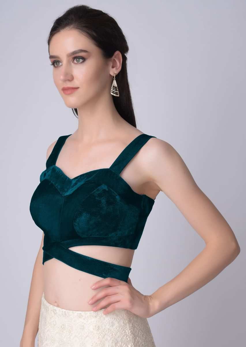 Buy Teal Sleeveless Blouse In Velvet With Cut Out At The Waist