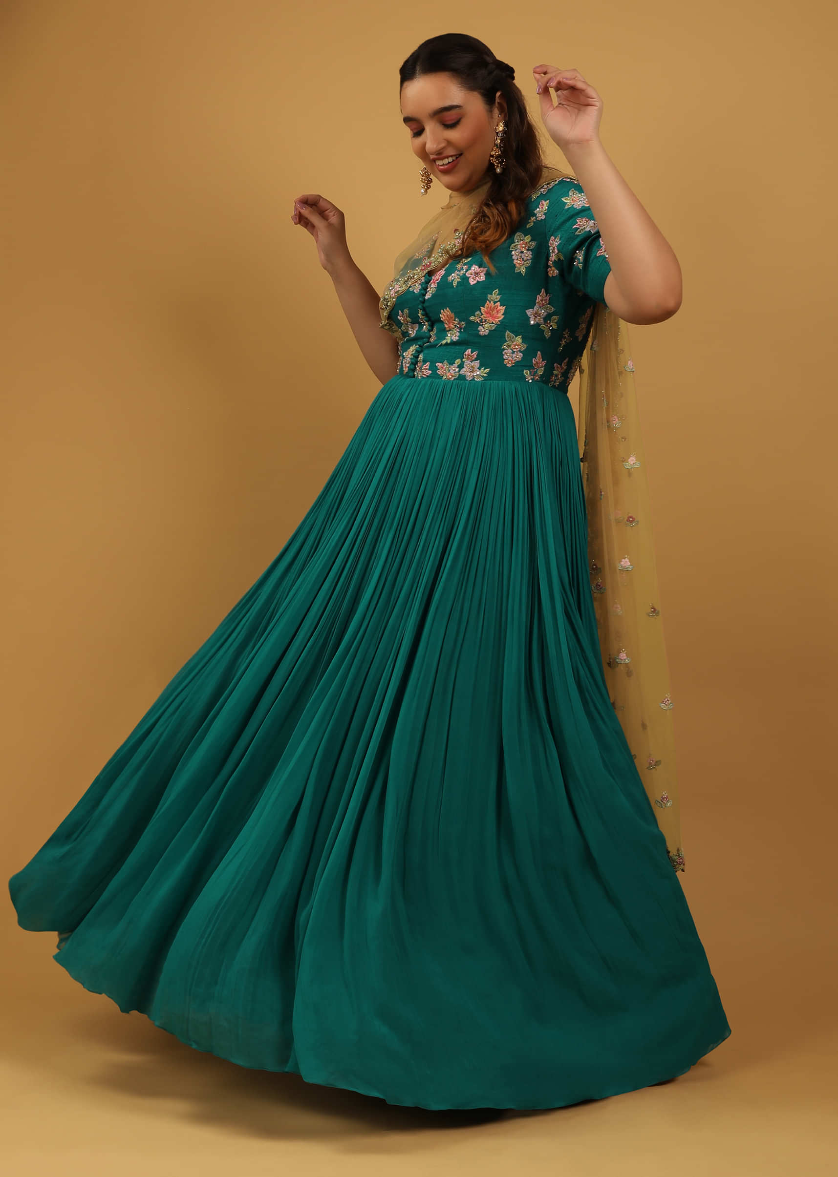 Teal Anarkali Suit In Crushed Georgette With Colorful Resham And Cut Dana Embroidered Floral Buttis  