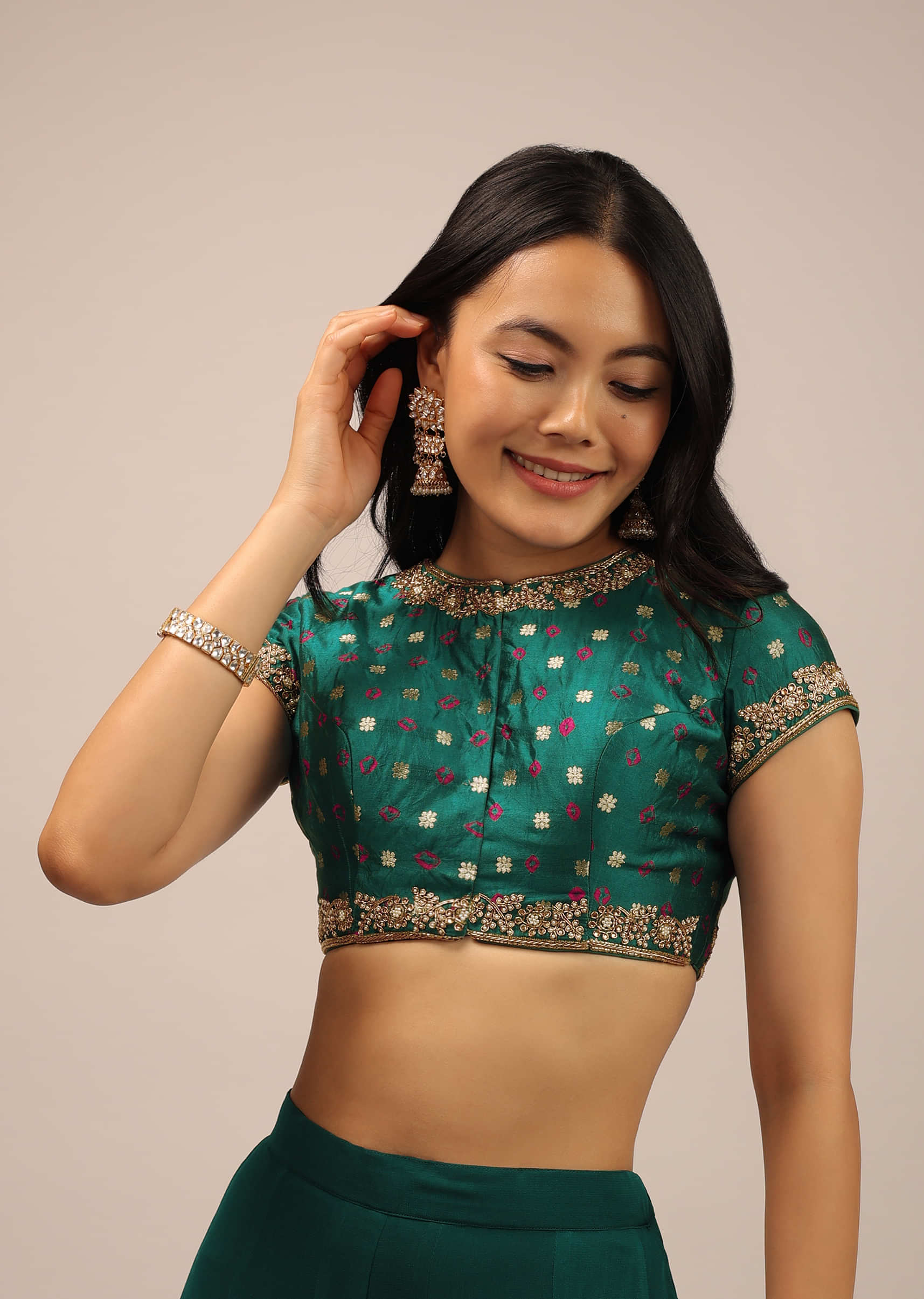 Teal Blouse In Raw Silk With Moti And Zari Work In Floral Design