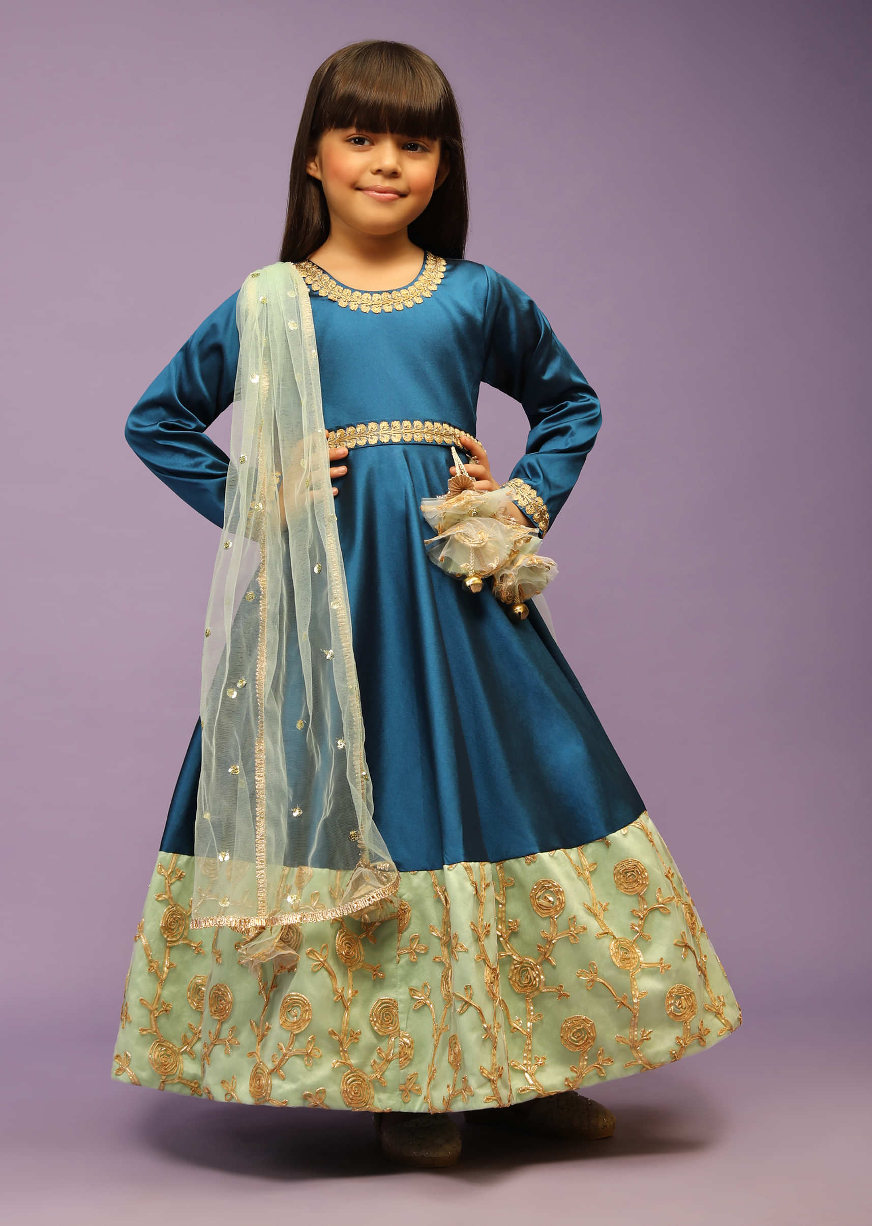 Kalki Girls Teal blue Anarkali gown with green border and intricate lace embroidery by fayon kids
