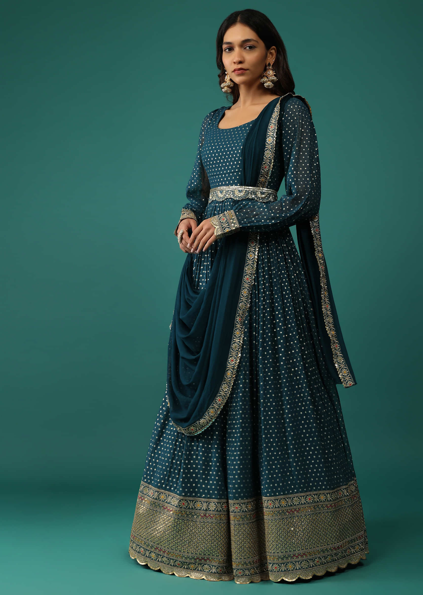 Buy Teal Blue Anarkali Set In Georgette With Attached Drape