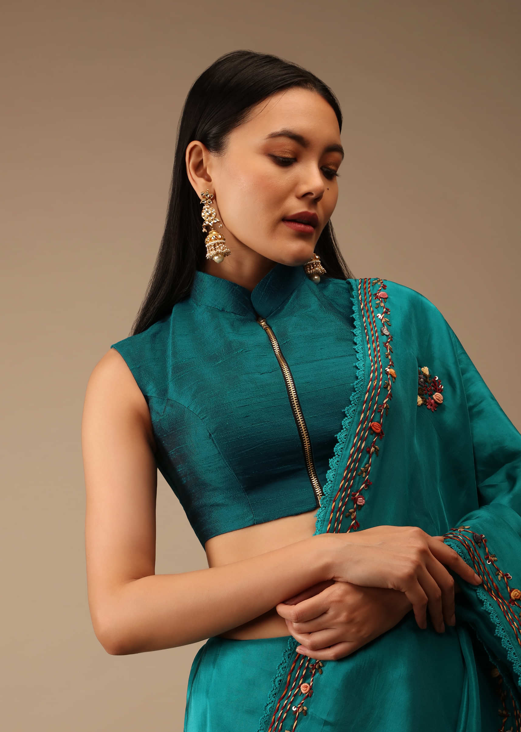 Teal Blue Blouse In Raw Silk With Mandarin Collar Neckline And Front Zip Closure
