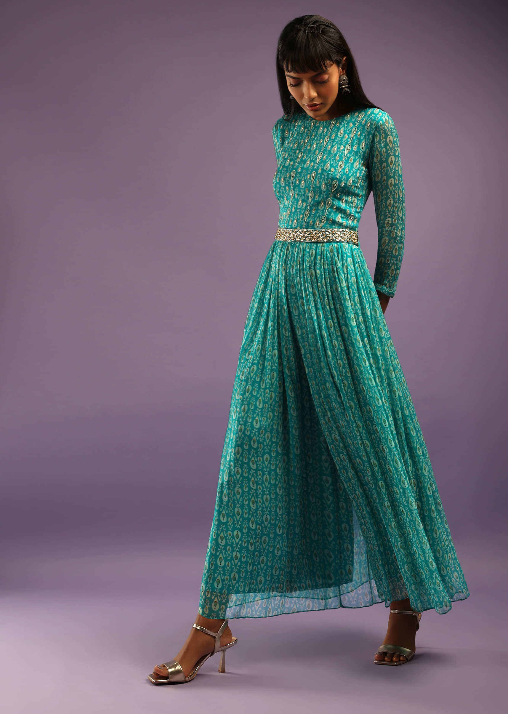 Turquoise Jumpsuit In Georgette With All Over Print And Zari Highlights On The Bodice  
