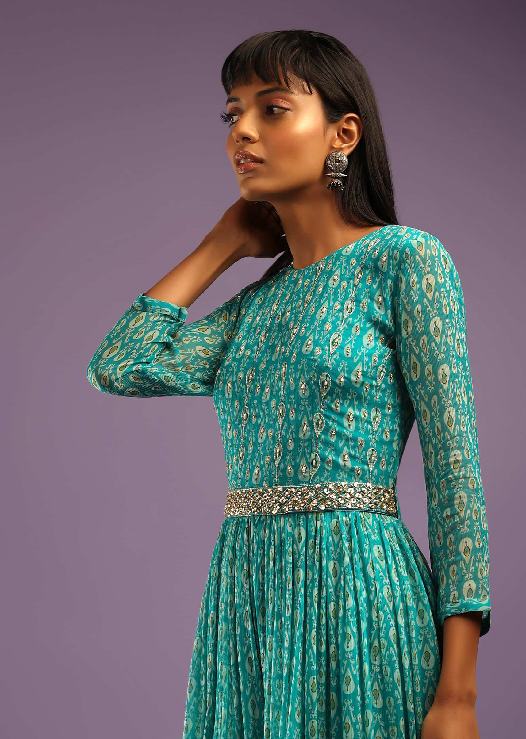 Turquoise Jumpsuit In Georgette With All Over Print And Zari Highlights On The Bodice  