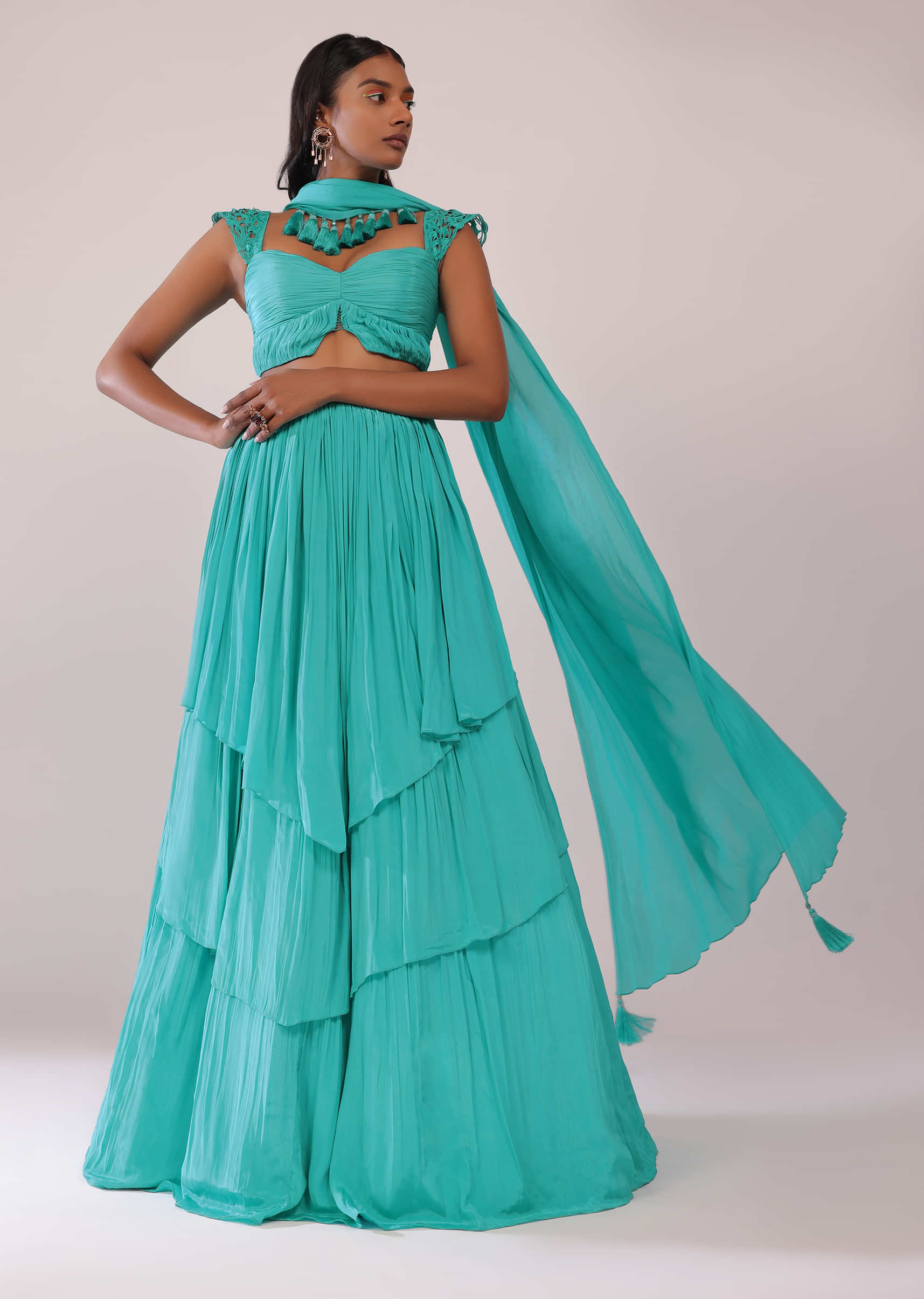 Corded Blouse with attached Dupatta and Hand-embroidered Lehenga – Nirmooha