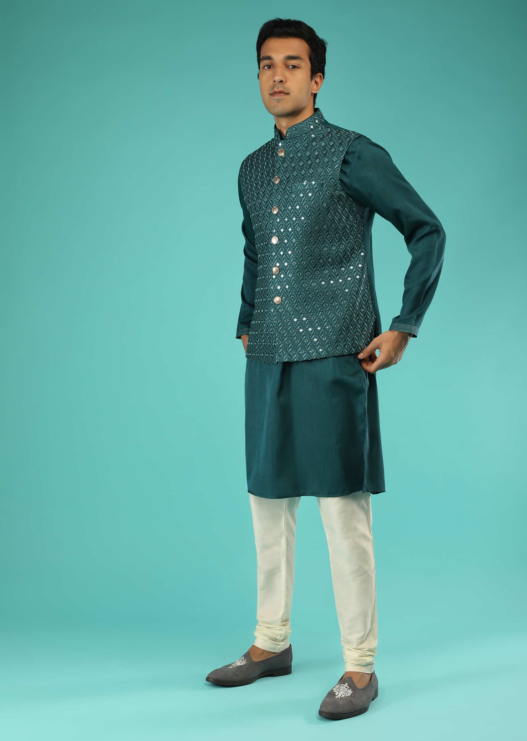 Teal Blue Nehru Jacket And Kurta Set In Raw Silk With Resham And Mirror Abla Embroidered Geometric Jaal