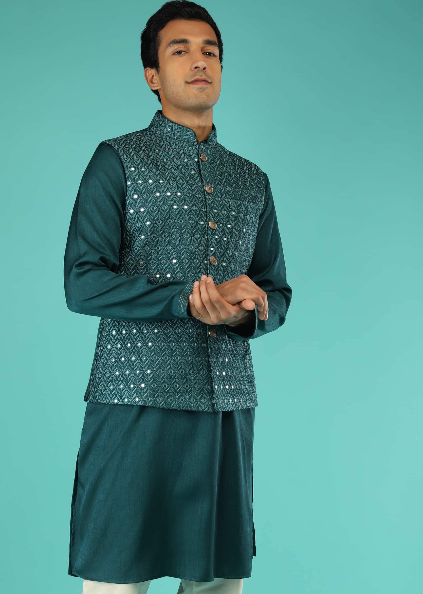 Teal Blue Nehru Jacket And Kurta Set In Raw Silk With Resham And Mirror Abla Embroidered Geometric Jaal