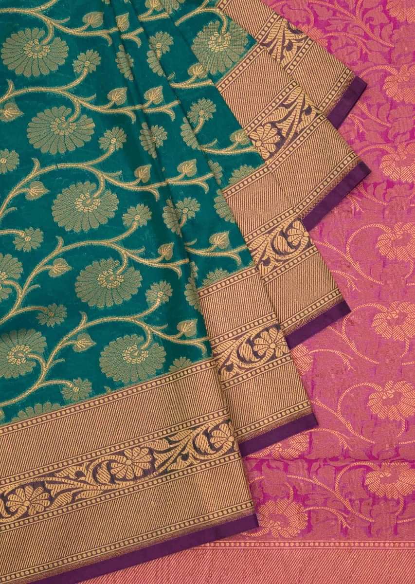 Teal blue saree in silk with pink contrast pallav only on Kalki