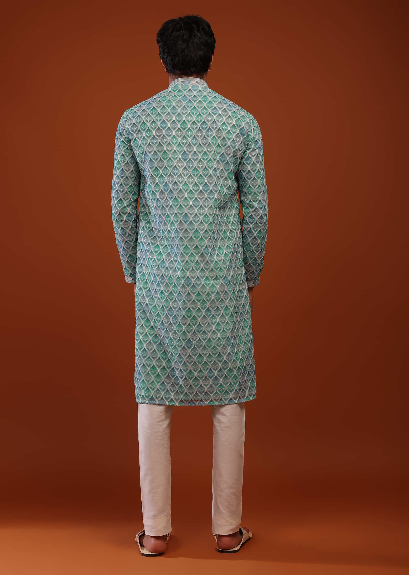 Teal Blue Shadded Block Printed Georgette Kurta With Lucknowi Thread Work, Moroccan Jaal And Floral Buttis