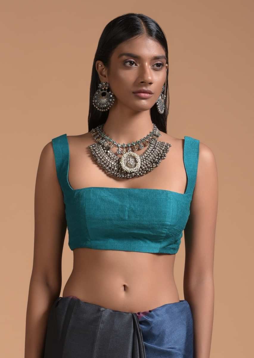 Buy Teal Blue Sleeveless Blouse In Raw Silk With Fancy Curvy Square Neckline  Online - Kalki Fashion