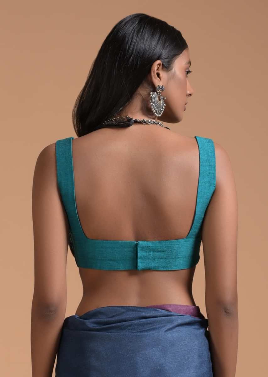 Teal Blue Sleeveless Blouse In Raw Silk With Fancy Curvy Square Neckline