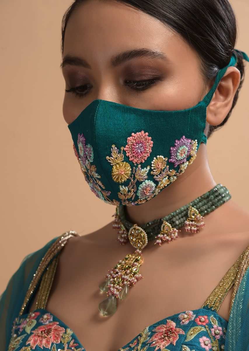 Teal Embroidered Face Mask In Raw Silk With Colorful Sequins, Cut Dana And Zardosi Flowers Online - Kalki Fashion