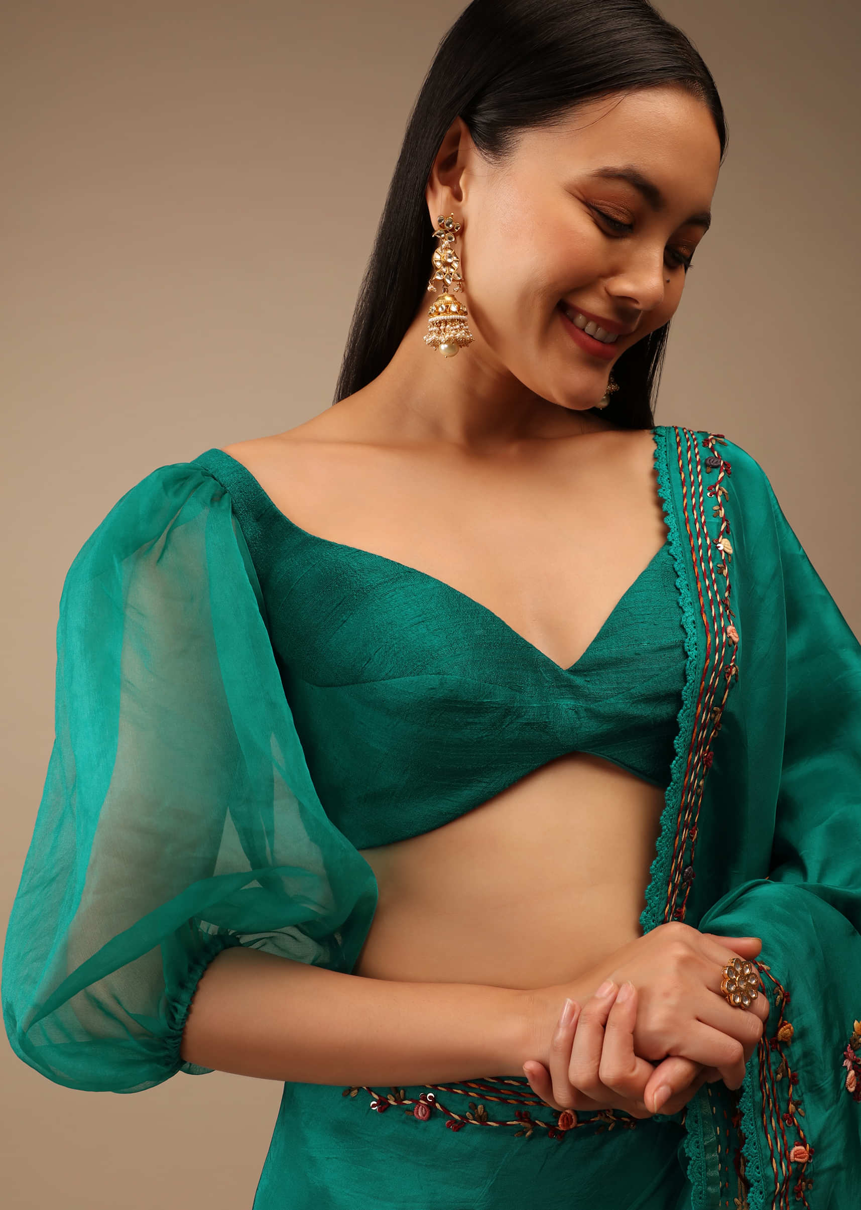 Emerald Green Sleeveless Blouse in Raw Silk with Strappy Back Hook