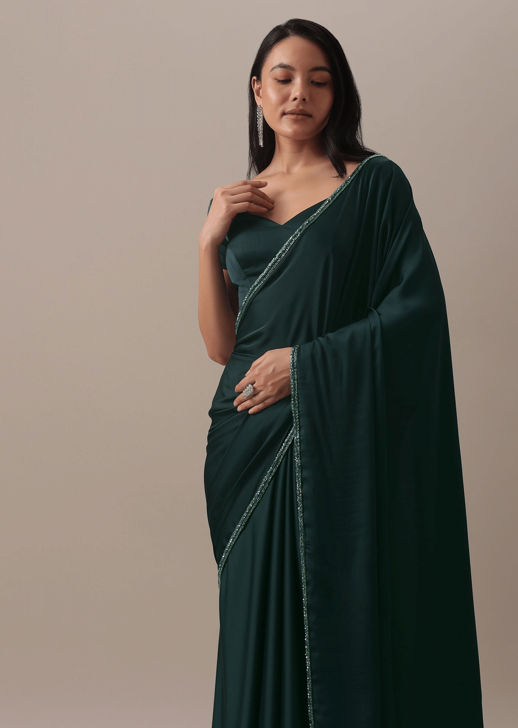 Buy Teal Green Plain Saree And Stitched Blouse With Cut Dana Lace In Satin