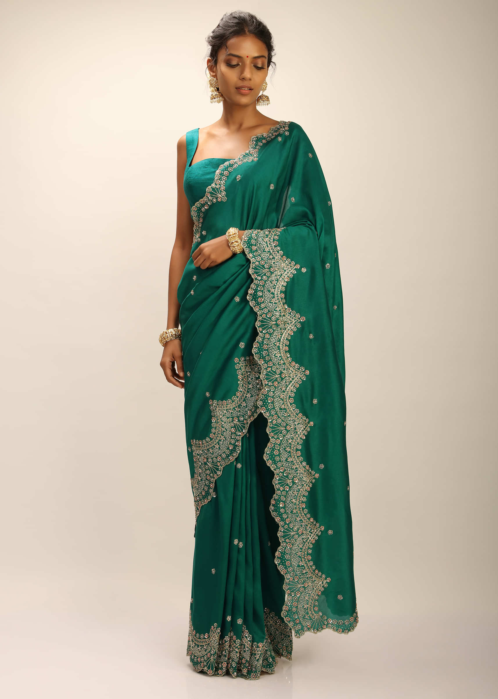 Teal Green Saree In Dupion Silk With Hand Embroidered Scallop Cut Border With Thread And Sequins Flowers  