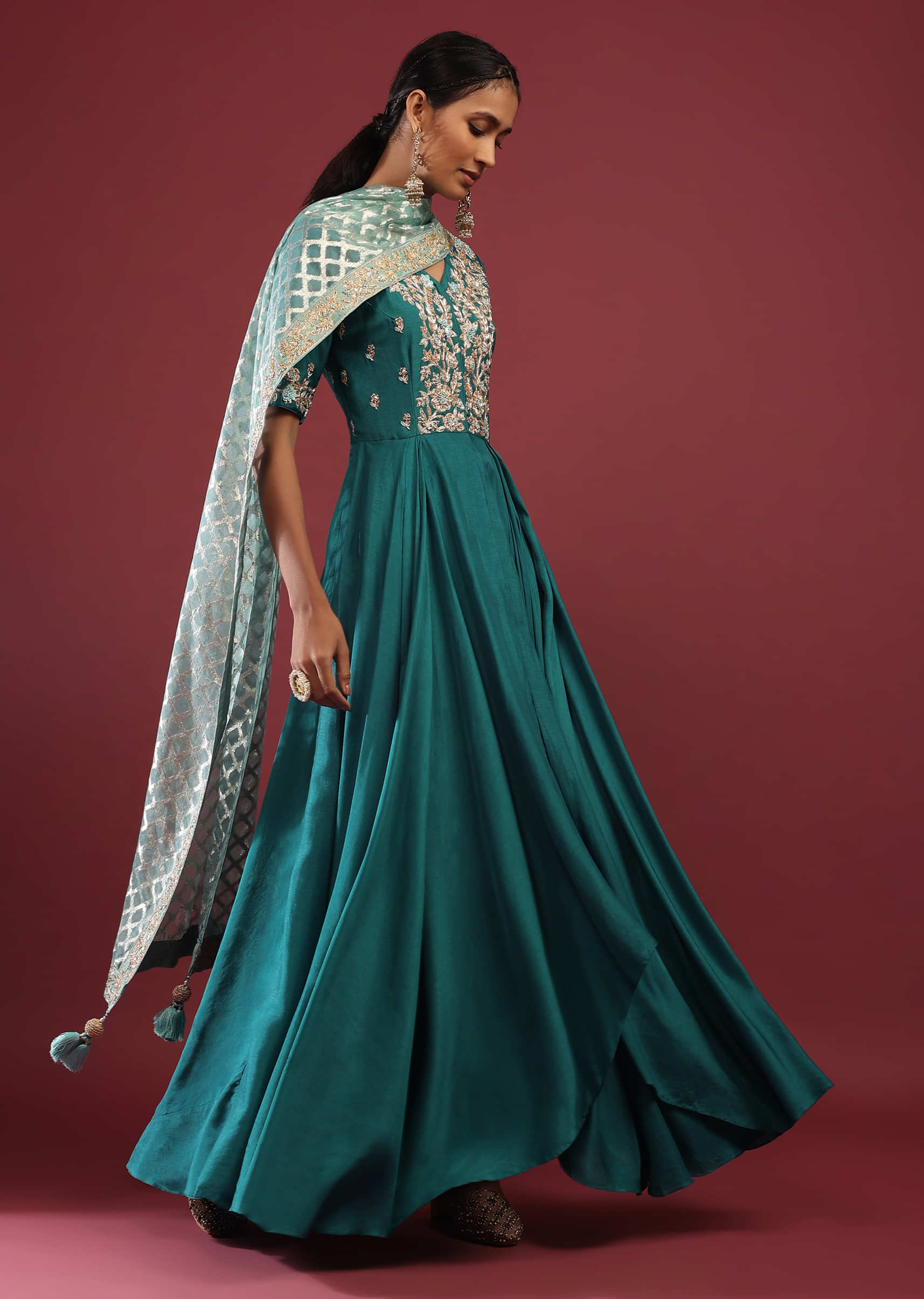 Teal High Low Anarkali Suit With A Front Slit, Zardosi Embroidered Flowers And Mint Lurex Dupatta