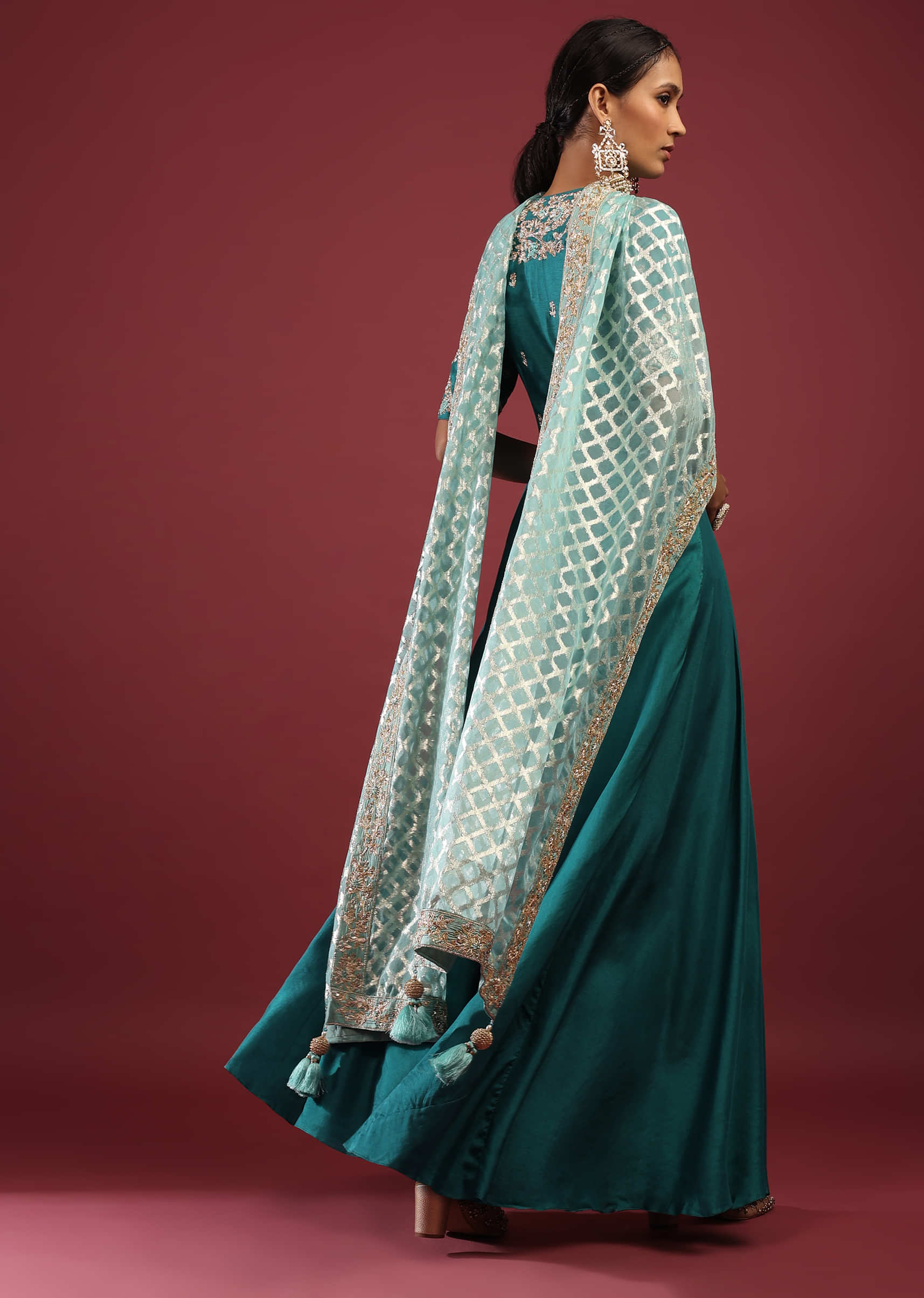 Teal Blue High Low Anarkali Suit With A Front Slit, Zardosi Floral Embroidery And Mint Lurex Dupatta