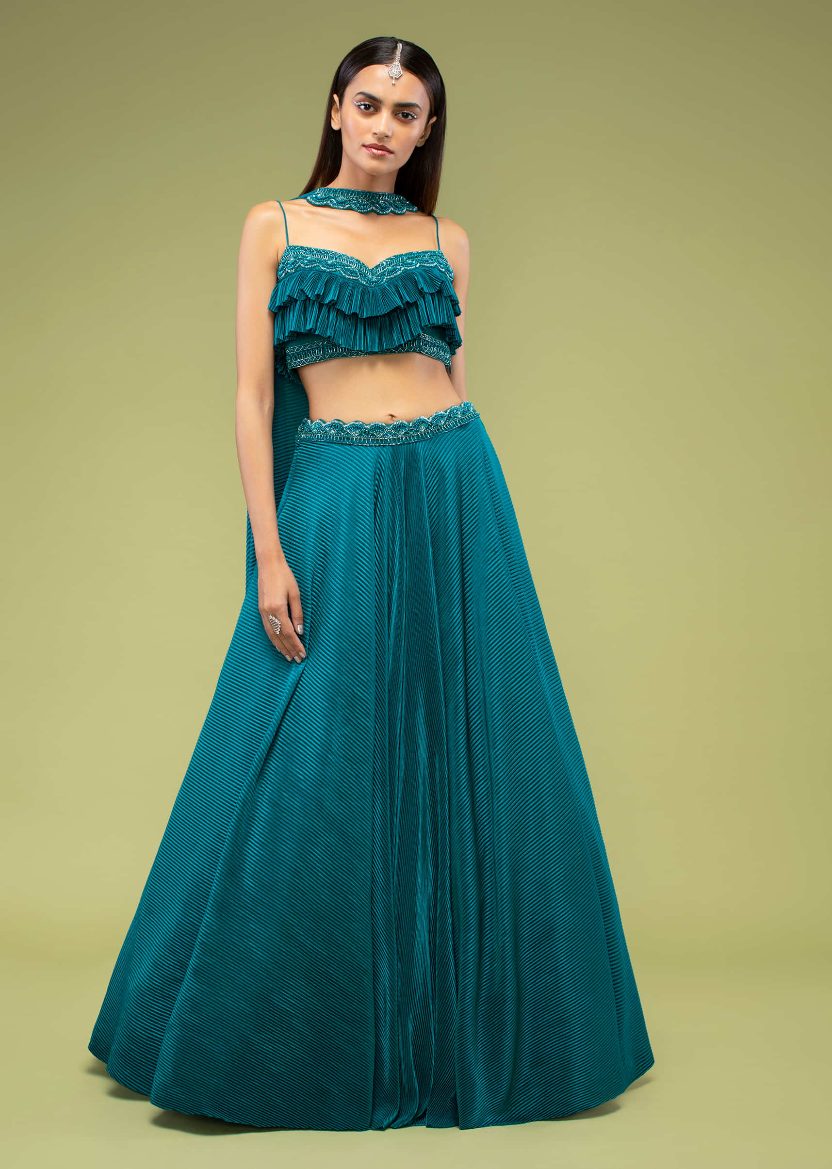 Teal Lehenga And Crop Top In Crush With Fancy Layered Frill Detailing