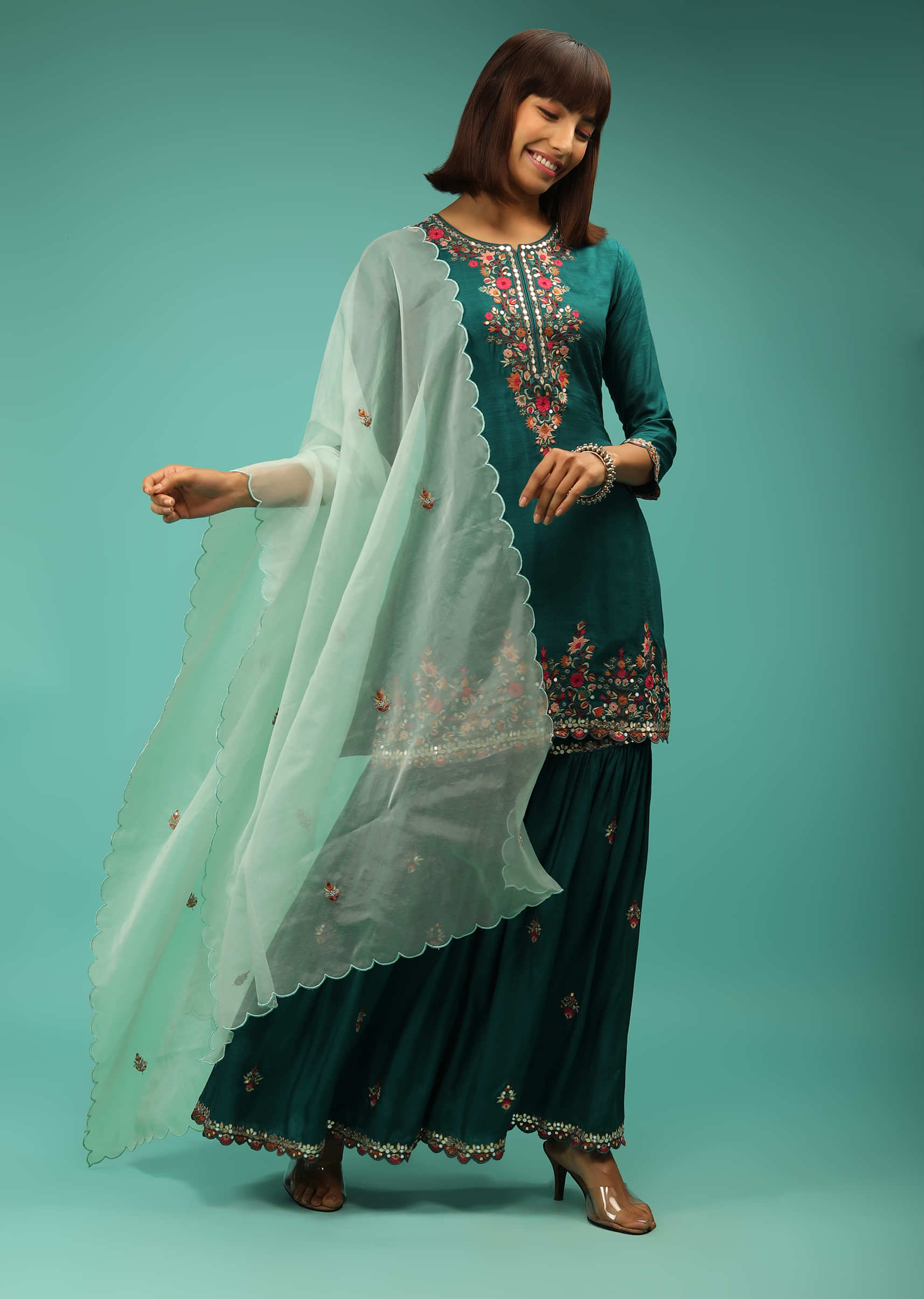 Teal Sharara Suit In Silk With Multi Colored Resham Embroidered Floral Motifs And Abla Work  