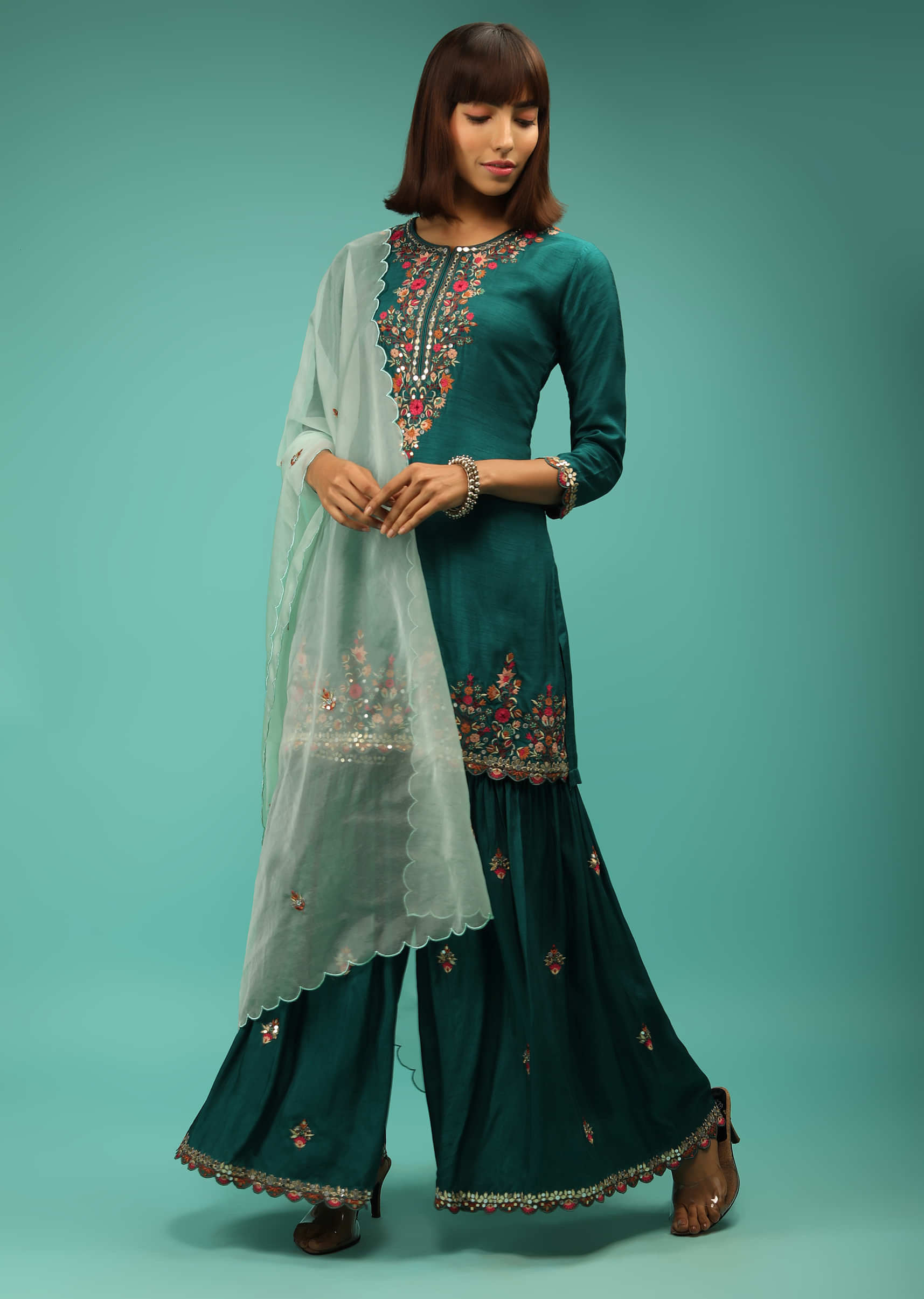 Teal Sharara Suit In Silk With Multi Colored Resham Embroidered Floral Motifs And Abla Work  
