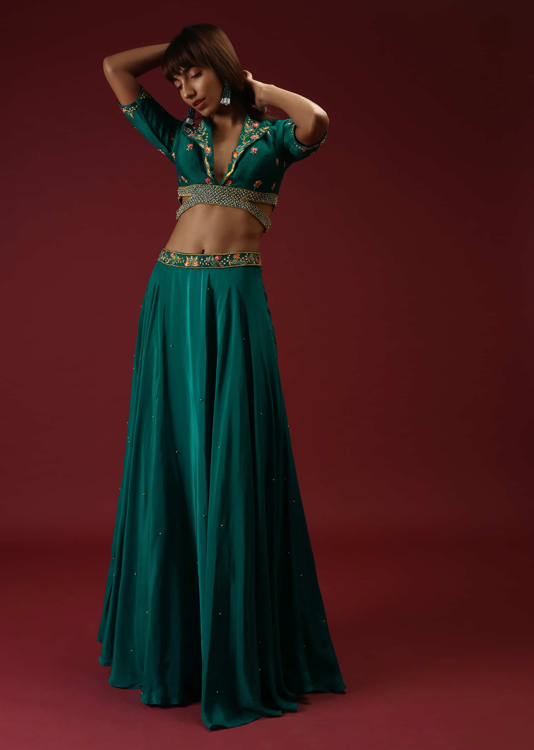 Teal Skirt And Crop Top With Lapel Collar Neckline And Side Cut Out Detailing Featuring Multi Colored Handwork 